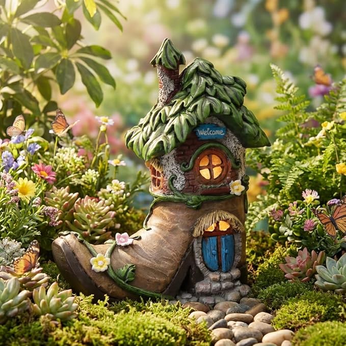 TERESA'S COLLECTIONS Boot Fairy House Garden Statues with Solar Outdoor Light, Resin Fairy Garden Accessories Outdoor Christmas Decorations Lawn Ornaments Yard Decor Thanksgiving Gifts for Mom, 8.5"