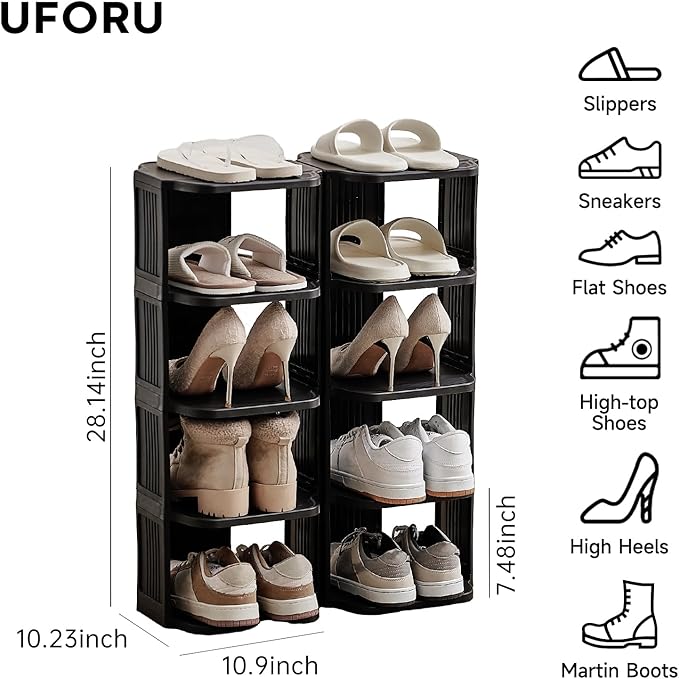 Small Shoe Rack, 10 Tier Plastic Vertical Shoe Rack for Small and Narrow Spaces, Free Standing Shoe Organizer for Closet, Entryway (Black)