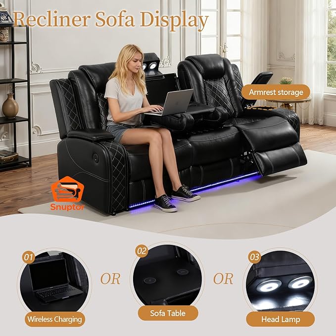 Power Leather Recliner Sectional Sofa with LED Light,L Shaped Reclining Couch with USB Charger/Cup Holder/Storage,Leather Sofa for Living Room/Home Theater(Black,Sectional+3 Seats)