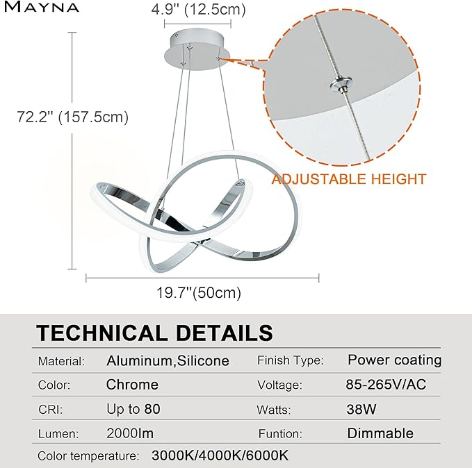 MAYNA Modern LED Chandelier for Dining Room, Dimmable LED Pendant Light with Remote, Irregular Infinity Light Fixture for Kitchen Island, 3 Color Changeable Chandelier, Chrome 19.7 inch