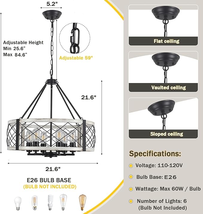 Modern Chandelier for Dining Room, 6-Light Wood Grain Finish Farmhouse Chandelier, 21.6” White Rustic Drum Hanging Light Kitchen Island, Round Metal Hanging Light Fixture for Foyer, Entryway, Bedroom