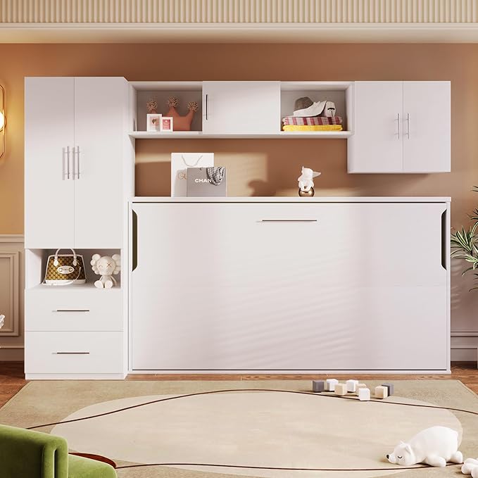 Merax Twin Murphy Bed Cabinet with Storage Wardrobe, Wood Folding Wall Cabinet Bed w/Open Shelves & Drawers, for Guest Room, Home Office, White