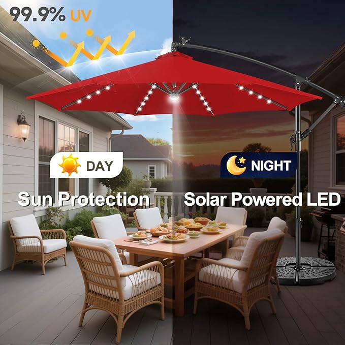 FLAME&SHADE 10ft Solar Cantilever Umbrella with 40 LED Lights, Lighted Large Offset Outdoor Patio Umbrellas, 8 Sturdy Ribs, UPF50+ UV Protection for Pool Deck Garden Yard, Red