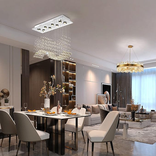 Siljoy 8-Light Modern Wave Raindrop Crystal Chandelier, Luxury Chrome Rectangular Flush Mount Crystal Pendant Ceiling Light for Dining Living Room Kitchen Island L31.5'' x W12'' x H28''