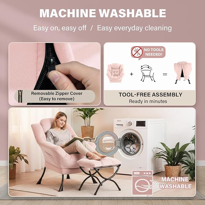 Lazy Chair and Ottoman, Large Accent Pink Velvet Chair with Side Pocket, Modern Leisure Upholstered Sofa Reading Armchair with Footrest for Office, Bedroom, Living Room, Dorm, Balcony
