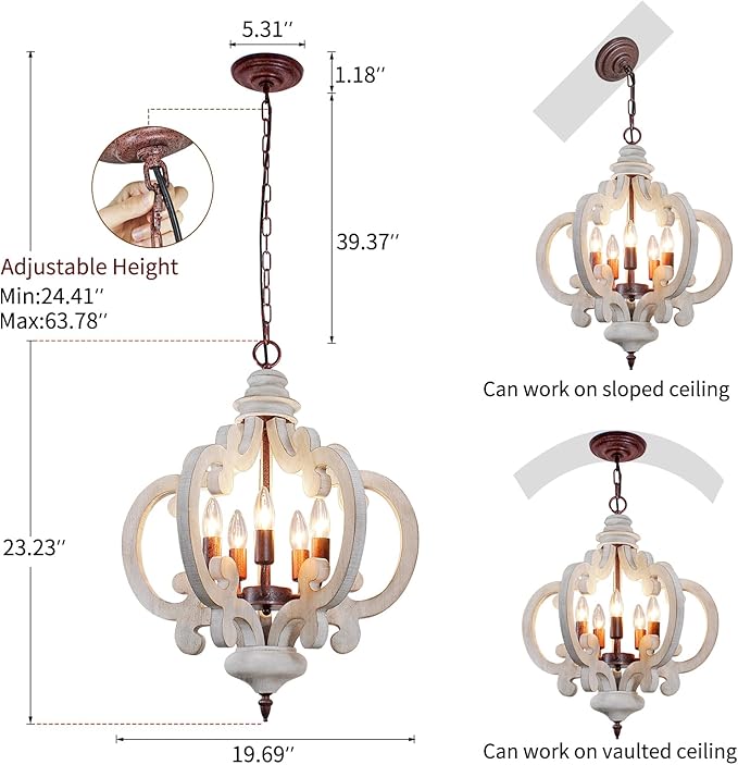 5-Lights Wood Farmhouse Chandelier, Dining Room Light Fixture, Industrial Rustic Farmhouse Chandeliers for Dining Room Kitchen Island Bedroom Foyer Hallway Front Door