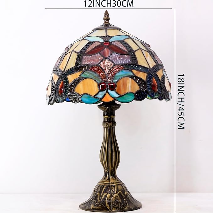 WERFACTORY Tiffany Table Lamp Orange Stained Glass Flower Liaison Style Reading Desk Bedside Light 12X12X18 Inches Decor Bedroom Living Room Home Office S617 Series
