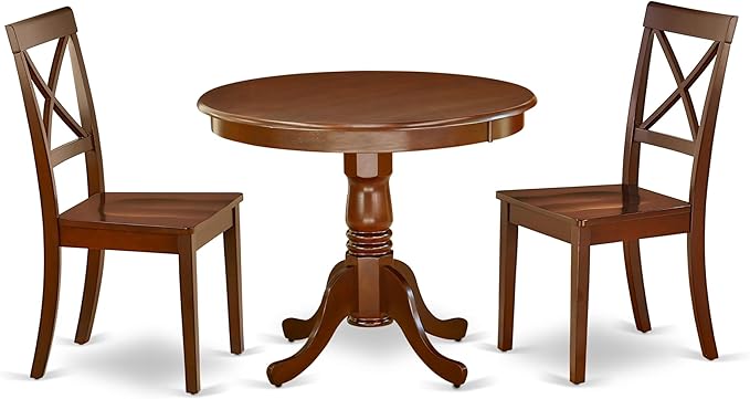 East West Furniture ANBO3-MAH-W 3 Piece Dining Set Contains a Round Kitchen Table with Pedestal and 2 Dining Chairs, 36x36 Inch, Mahogany