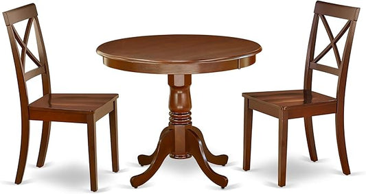 East West Furniture ANBO3-MAH-W 3 Piece Dining Set Contains a Round Kitchen Table with Pedestal and 2 Dining Chairs, 36x36 Inch, Mahogany