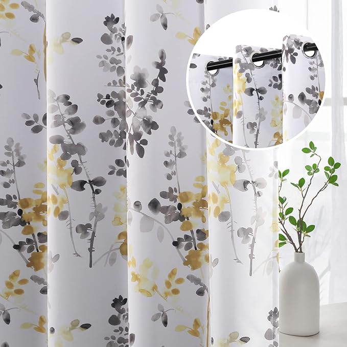 H.VERSAILTEX Room Darkening Window Curtains Thermal Insulated Curtain Panels for Bedroom Privacy Assured Window Treatment (2 Panels, 52 inches Wide by 95 inches Long, Floral Pattern Grey and Yellow)