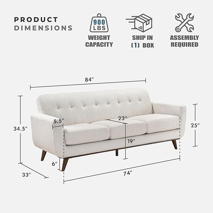 Lexicon Modern Accent Couch, Textured Fabric Upholstered Sofa with Brown Wood Legs, Track Arms, Tufted Couch Back, 3 Seater Sofa for Living Room/Office/Waiting Room, Beige