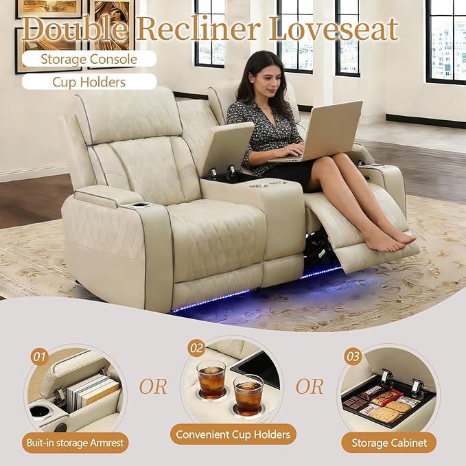 Power Leather Recliner Sofa Set with LED Light,Reclining Sofa and Loveseat Set with USB Port/Cup Holder/Storage,Luxury Leather Couch for Living Room/Home Theater(3+2 Seats,Beige)