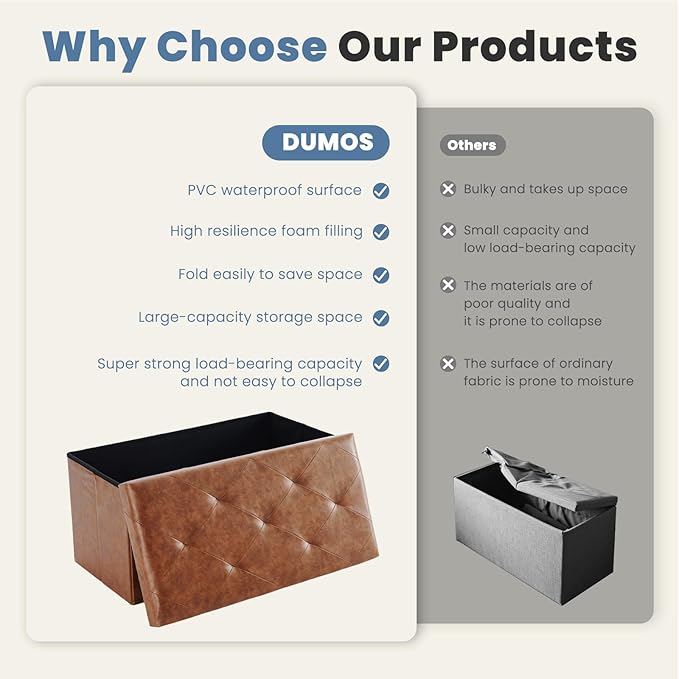 DUMOS 30 Inches Folding Ottoman with Storage Bench, Foot Rest Stool, End of Bed Storage Bench Upholstered, Load 660 lbs, for Living Room, Lychee Grain Leather, Brown