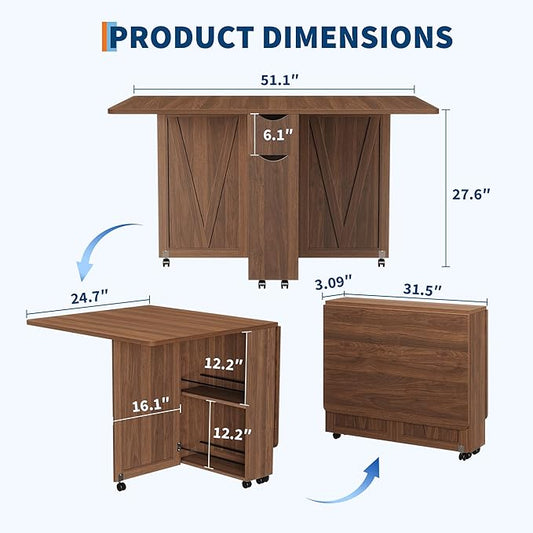 Garvee Folding Dining Table with Storage, Folding Kitchen Table with 6 Wheels, Drawer & Shelves, Compact Dining Table for Small Spaces