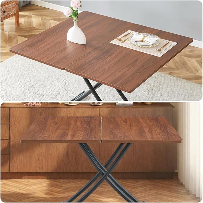 Coffee Table, Rectangle Dining Tables with Adjustable Height, Modern Multifunctional Lift Table with Wooden Surface for Living Room, Apartment, Office, Kitchen or Dining, Black Dark Walnut