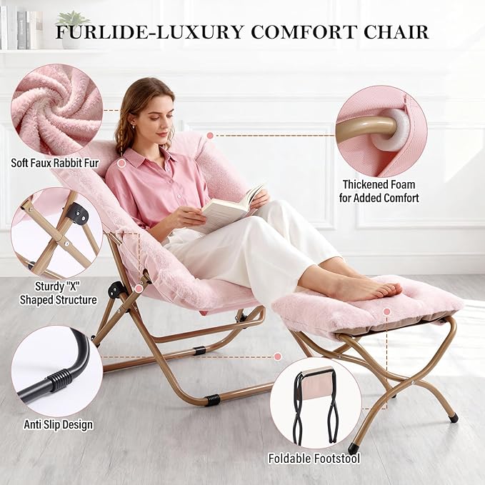 Dorm Chair with Ottoman, X-Large Soft Saucer Chair, Oversized Folding Faux Fur Accent Chair, Foldable Metal Frame Chair for Bedroom, Living Room (Pink)