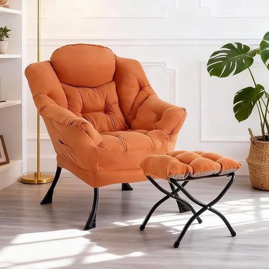 Lazy Chair with Ottoman, Modern Chair with Folding Footrest, Orange Accent Chair, Comfortable Reading Chair, Oversized Armchairs for Bedroom, Study, Living Room, Courtyard