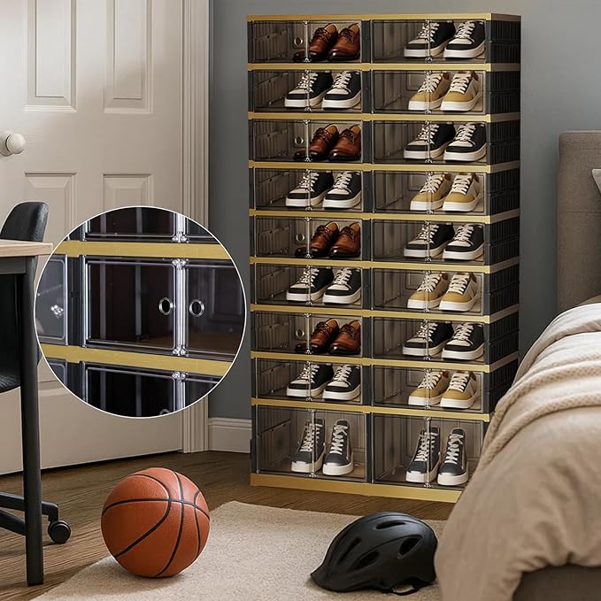 Foldable Shoe Rack Organizer 9 Tiers 36 Pairs Shoe Shelf with Doors, Large Collapsible Shoe Cabinet, Folding Plastic Storage Boxes, Easy Assembly Shoe Storage Bins for Entryway, Black Gold