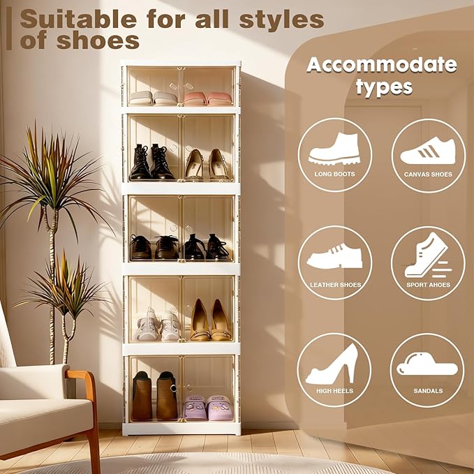 5-Tier Plastic Foldable Storage Cabinet with Built-in Wheels, Dust-Proof Lightweight, collapsible Multifunctional organizer with Magnetic Clear Door for Shoes, Bags, Books, Entryway, Bedroom, Office