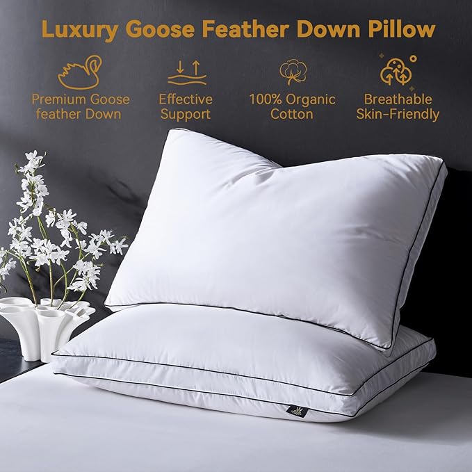 L LOVSOUL Goose Feather Down Pillow Standard Size of 2,Ultra Soft 100% Organic Cotton Fabric, 700TC,800 Fill Power, Luxury Hotel Collection Bed Gusseted Pillows for Back, Stomach or Side Sleepers