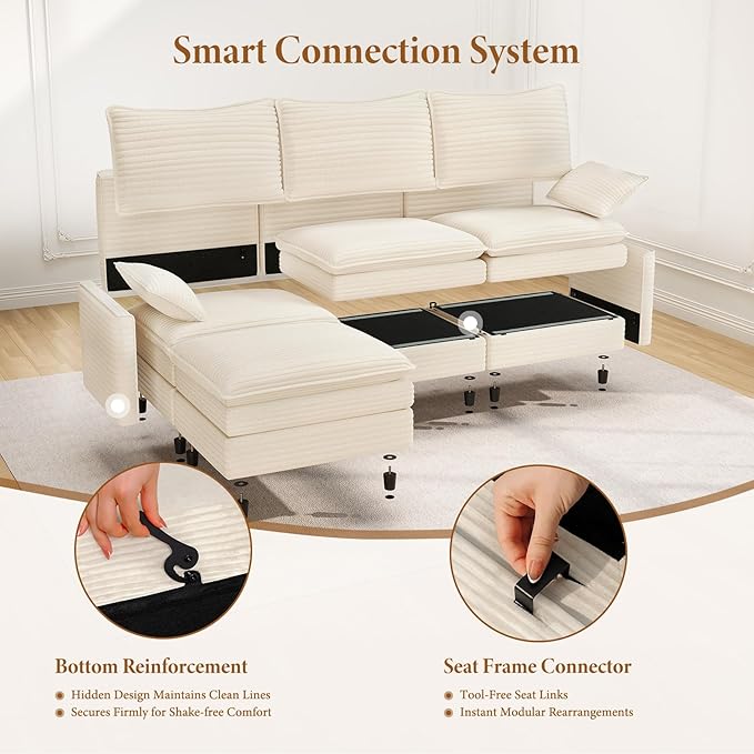 Vesgantti Large Modular Sectional Sofa, Big Comfy Cloud Couch with Ottoman Deep Seat Corduroy Cloud Sofa, 8 Seater Large Sectional Couches for Living Room, Bedroom and Apartment, Beige | Sink-in Comfort, Height Adjustable, Easy Rearrangement, Extra-dee...