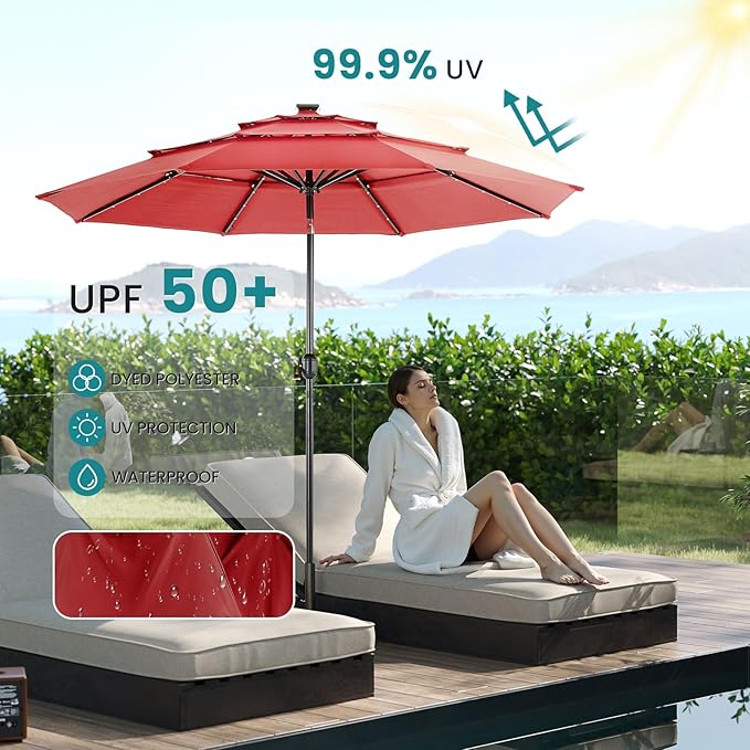 DUMOS 10FT 3 Tier Patio Umbrella with 32 LED Lights, 8 Ribs Outdoor Table Umbrella with Crank, Waterproof Market Umbrella for Pool, Beach, Terrace and Outdoor Restaurant, Red