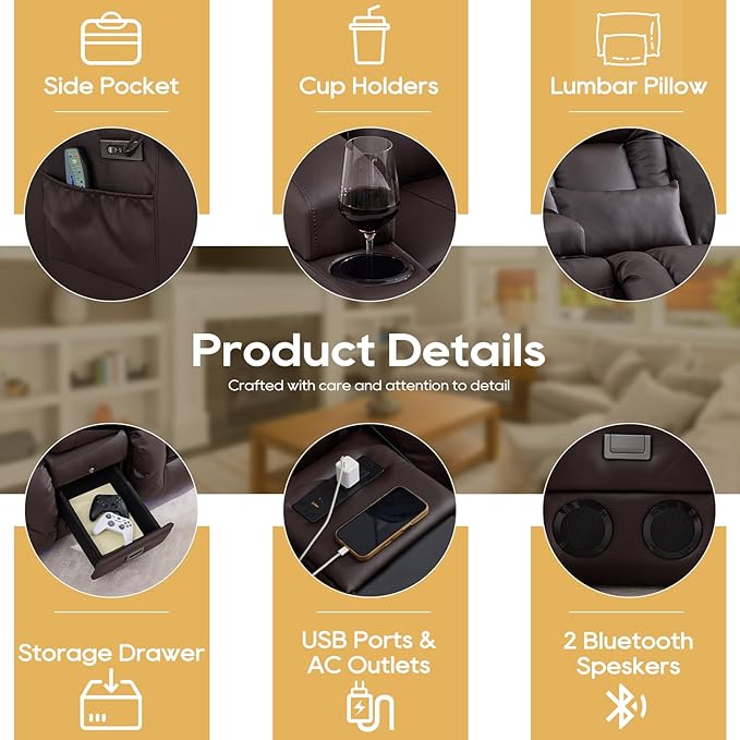 IPKIG Power Recliner Sofa with Flip-Up Backrest Console, USB & USB-C Ports, AC Outlet, LED Lights, Wall Hugger Recliners for Living Room, RV (Chestnut, 67" - 3 Seat) | Breathable Leather, Zero Gravity, Dual Reclining, 2 Lumabr Pillow, Bluetooth Speakers
