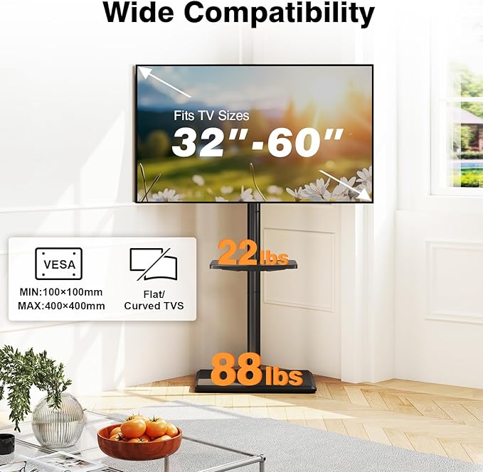 TVON Floor TV Stand with Mount for Most 32-60 Inch Flat/Curved TVs up to 88 lbs, Height Adjustable TV Mount Stand with Wood Base, Swivel TV Stand for Bedroom, Corner & Living Room, Max VESA 400x400mm