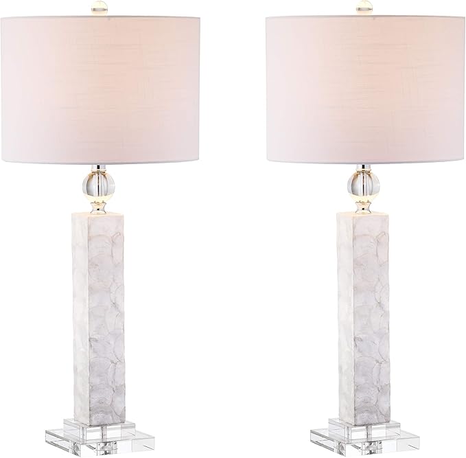 JONATHAN Y 32" White Mother of Pearl and Crystal Table Lamp Set of 2 for Bedroom, Coastal Mosaic Seashell Column Lamps for Living Room, Linen Drum Shade, LED Bulbs Included JYL4006A-SET2