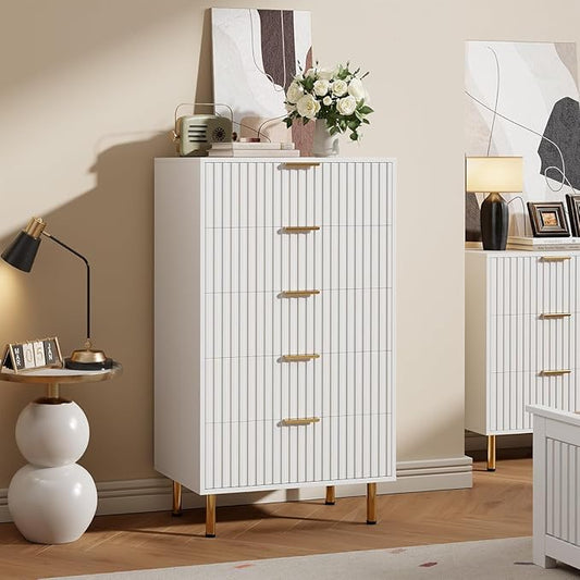 GarveeHome Fluted 5 Drawer Dresser for Bedroom, 48 in Tall Modern Chest of Drawers with Deep Drawers and Wide Top, Wooden Dresser Organizer for Living Room, Hallway, Kids Room, White