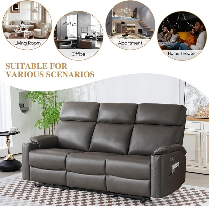 3 Seater Recliner Sofa Power Reclining Sofa,Power Recliner Couch 3 Seats with Extended Footrest for Living Room (Charcoal Gray)