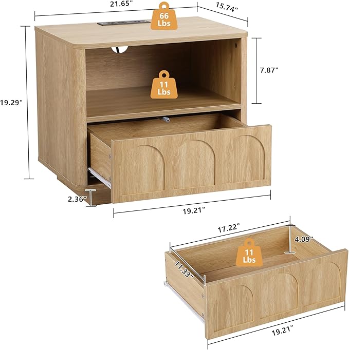 Small Nightstand Set of 2 with Charging Station, Accent Bedside Nightstand with Drawer, Mid Century Modern Bedroom Side Bed Table with Storage for Dorm, Living Room, Couch, Office - Natural