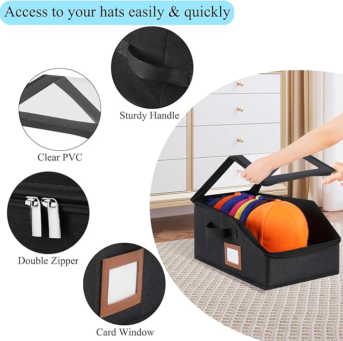 6 Pack Hat Storage for Baseball Caps-Holds Up to 56 Caps, Hat Organizer for Closet Stackable Hat Box with Cardboard, Dust-proof Beanie organizer with 2 Handles for Home Travel (Black, 6Pack-Small)