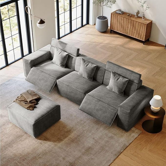 115" Power Sofa,Modular Sectional Couches for Living Room,Modern Large Sofa with Recliners,Comfy Velvet Cloud Couch with Deep Seat with 1 Ottoman,Pet Friendly,Free Combination for Home(Dark Gray)