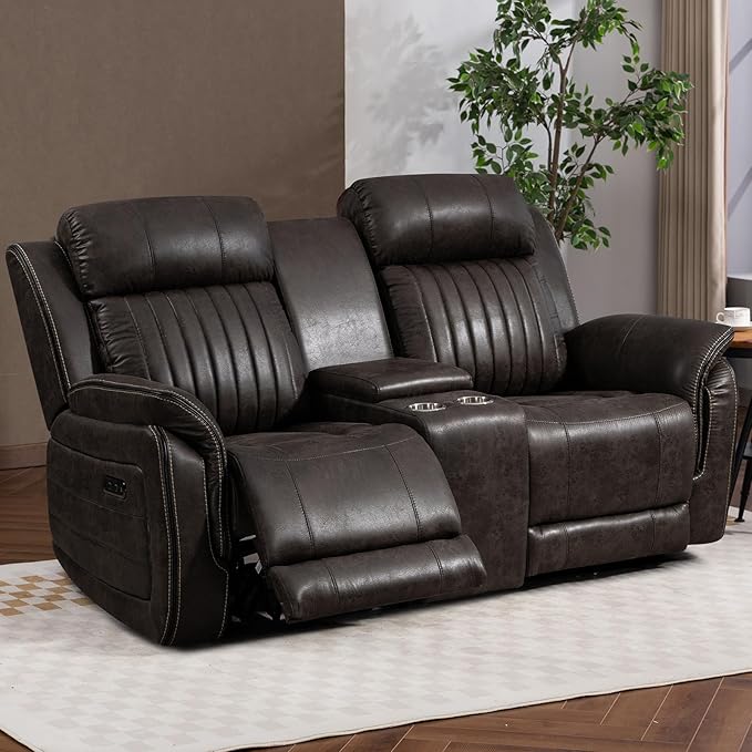 Zero Gravity Power Reclining Loveseat Sofa with Adjustable Headrests, Power Loveseat Recliner with Console, Electric 2-Seater Recliner Couch for Living Room (Foil Fabric, Charcoal Grey)