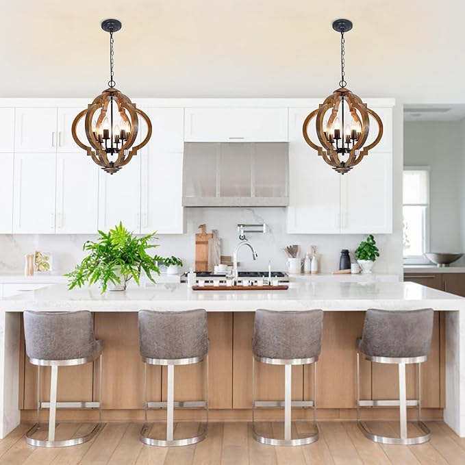 18.5" Farmhouse Chandelier for Dining Room, 6-Light Farmhouse Wood Chandelier, Rustic Dining Room Light Fixture, Rustic Pendant Lighting for Kitchen Island Living Room Bedroom Foyer