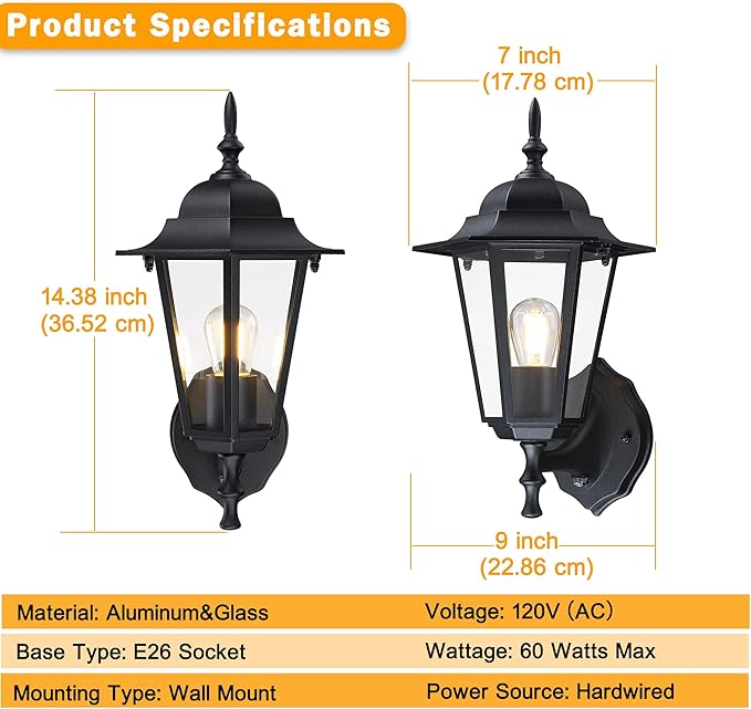 Outdoor Wall Lantern, Dusk to Dawn Exterior Wall Sconce with Clear Glass, Waterproof Black Aluminum Porch Light, Anti-Rust Outside Lighting Fixtures for Patio Front Door Entryway, 1-Pack
