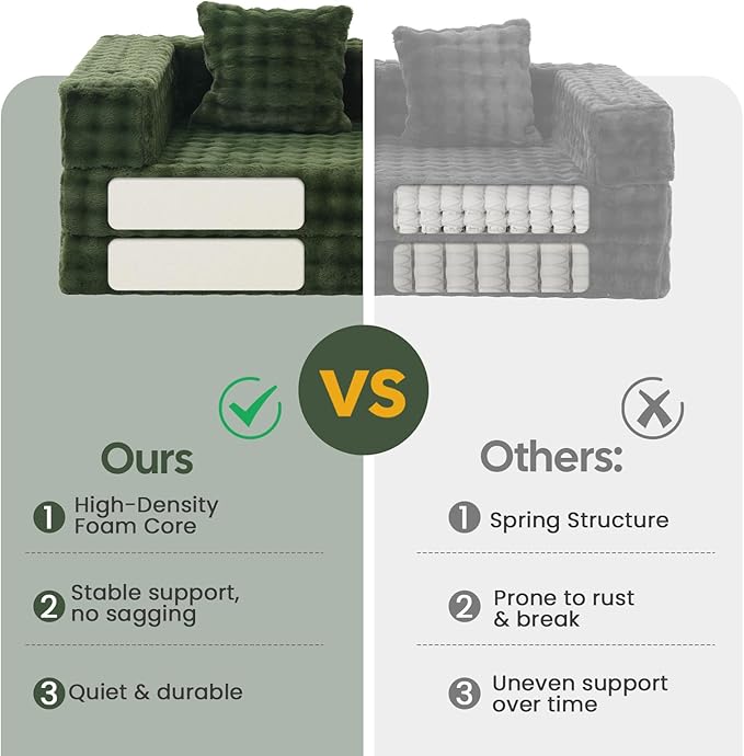 COMAX Futon Sofa Bed, 4‑in‑1 Convertible Sofa Bed, Folding Boneless Couches for Living Room, Fold Out Small Foldable Loveseat Floor Sleeper Comfy Mattress Lounge Space‑Saving, Classic Green