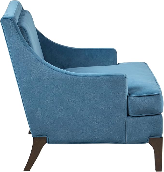 Martha Stewart Anna Upholstered Accent Chair, Removable Lumbar Pillow Support, Square Arm, Jacqard Fabric, Chic Modern Wide Cushion Seat Bedroom Lounge Comfy, Blue, 30.75" W x 32.25" D x 32.5" H