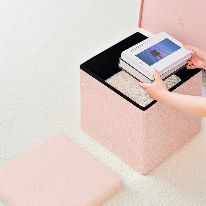 15in Small Storage Ottoman Foldable Sherpa Top Storage Bench,Foot Rest/Step Stool for Bedroom Dorm Entryway, Space Saving for Small Spaces-Pink