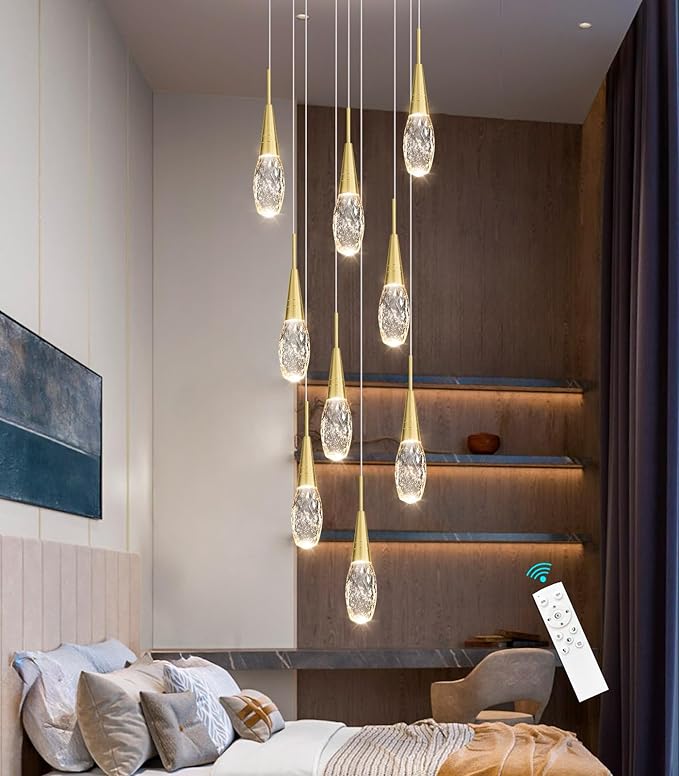 118 Inches Long Chandelier Adjustable Hanging Lights Modern Glam Crystal Ceiling Pendant Dimmable Lighting Fixture for Hallway Foyer Living Room Antique Gold