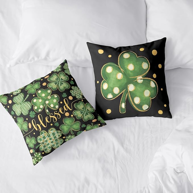 2 Pack St Patricks Day Pillow Covers Lucky Blessed Decorative Pillow Cases 22x22 Gold Coin Shamrock Clover Cushion Cases Saint Patricks Day Decorations for Home Sofa Couch