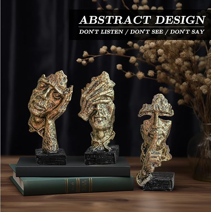 3 Pcs Thinker Statue, Silence is Gold Abstract Art Figurine, Modern Home Resin Decorative Objects Decor for Home Office Bookshelf Desktop,No Hear No See No Speak Knick Knacks