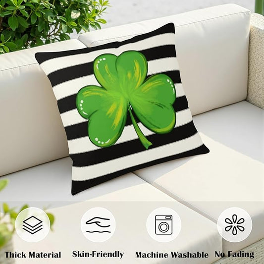 St Patricks Day Throw Pillow Covers 18x18 Set of 2 Black White Striped Green Shamrock Clover Pillow Covers Holiday Spring St Patricks Decorative Pillow Cases for Bed Couch Sofa