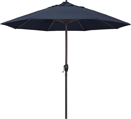 California Umbrella 9' Rd Sunbrella Aluminum Patio Umbrella, Crank Lift, Auto Tilt, Bronze Pole, Spectrum Indigo Fabric
