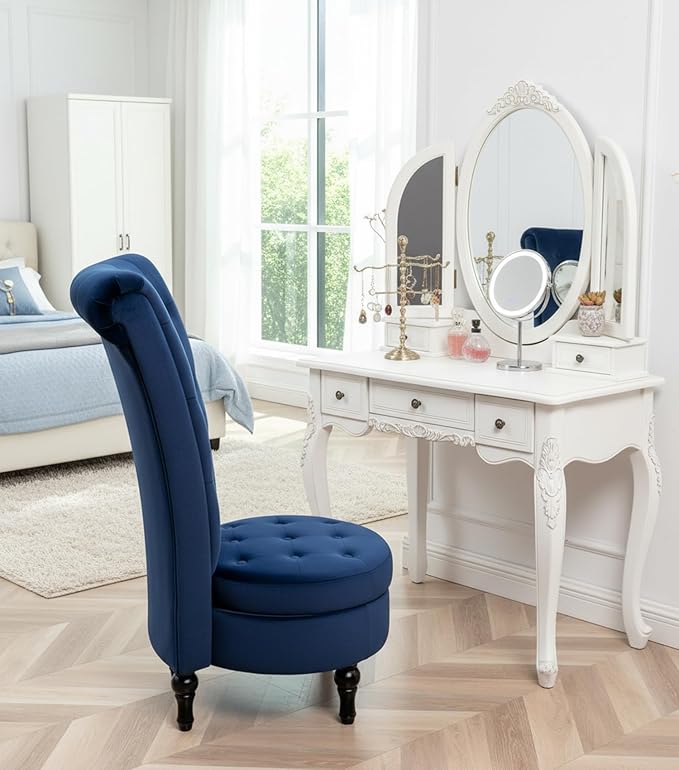 Royal High-Back Velvet Accent Chair for Vanity with Storage and Luxurious Upholstery, Retro Design and Versatile Usage for Living Room, Bedroom, Lounge and Office, Dark Blue