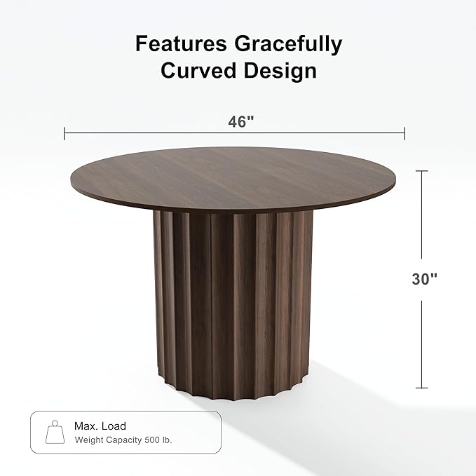 Casaphoria 46" Round Dining Table, Modern Wood Kitchen Table with Cylindrical Wide Bar Concave Base for Living Room & Dining Room, Easy Assembly Farmhouse Furniture for 4-6, Walnut