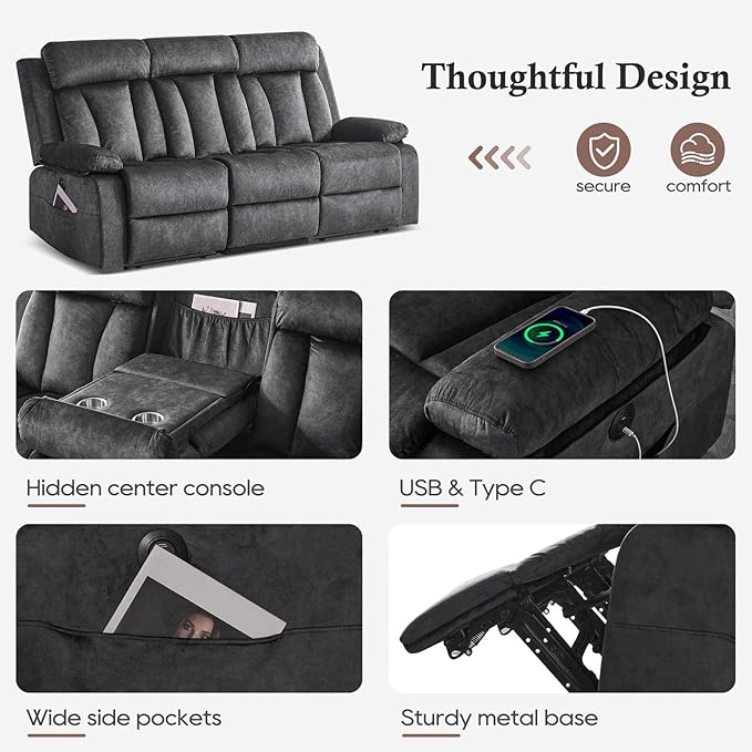 Velvet Power Recliner Sofa Living Room Set, Electric Loveseat Reclining Sofa Couch with Massage & Heat/Console/Cup Holder/USB & Type C, Modern Living Room Furniture Sofa Set (Gray)