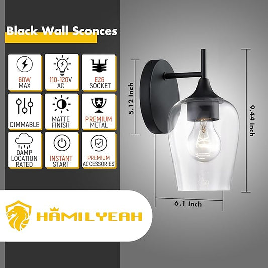 Hamilyeah Black Wall Sconces Set of Two, Farmhouse Sconces Wall Lighting Hardwired, Bathroom Vanity Lighting with Clear Champagne Glass Shade, Indoor Wall Lamp for Kitchen Stairway Living Room