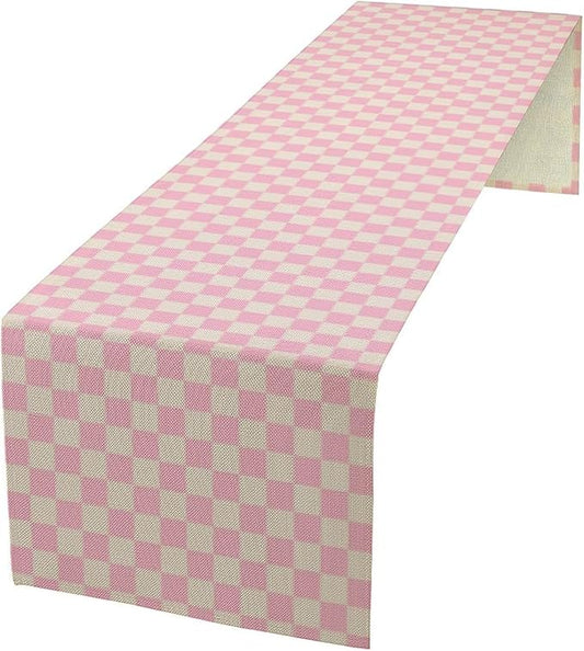 70s Hippie Table Runner Groovy Pink Grid Square Modern Geometric Boho Dinner Runner for Living Room Kitchen Party Holiday Dinner Home Decor Autumn and Winter 13x70in
